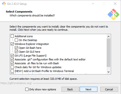 A Git menu displaying which components can be installed.