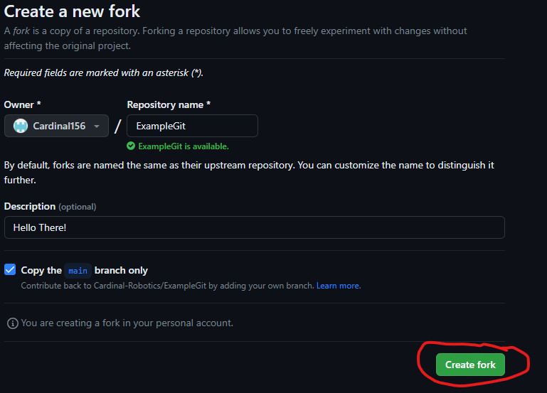 Hovering over the create fork button in GitHub