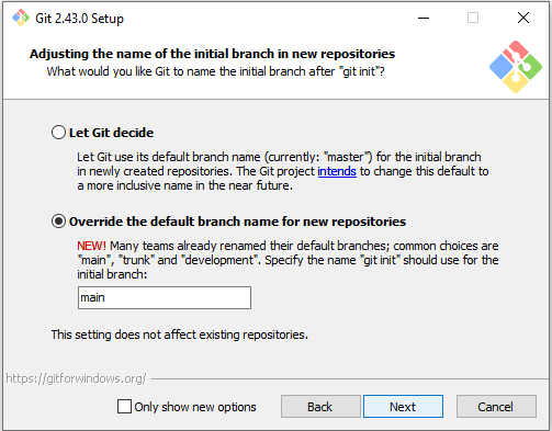 Git menu allowing the default branch name to be changed.