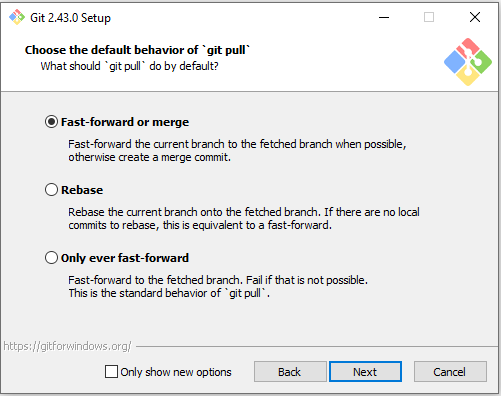 Git menu for git pull behavior.